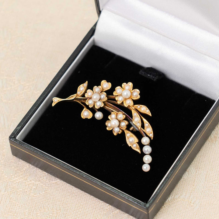 天然パールがあしらわれた花や葉が扇状に広がる華やかな逸品 ヴィクトリアン アンティークスプレーブローチ[m]