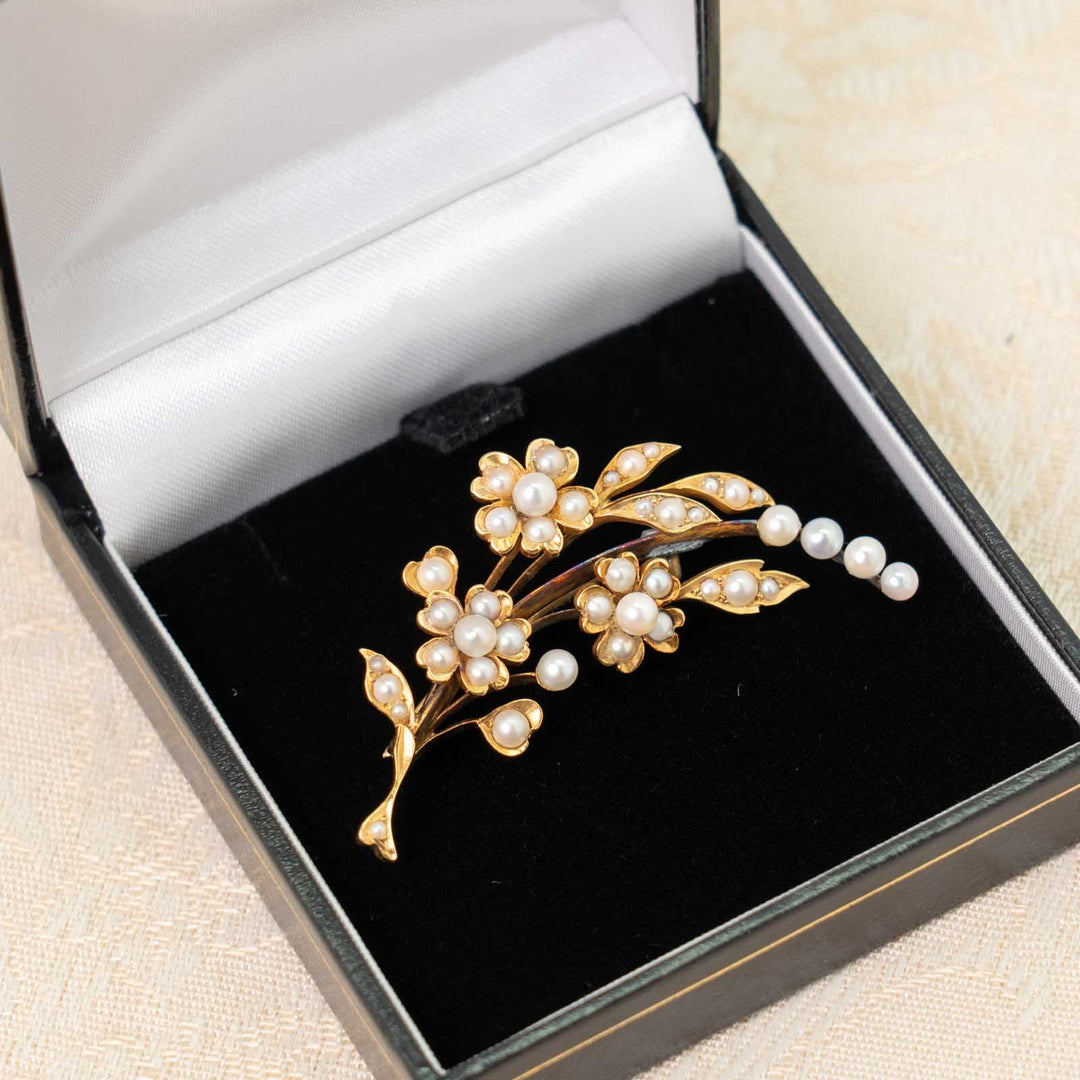 天然パールがあしらわれた花や葉が扇状に広がる華やかな逸品 ヴィクトリアン アンティークスプレーブローチ[m]