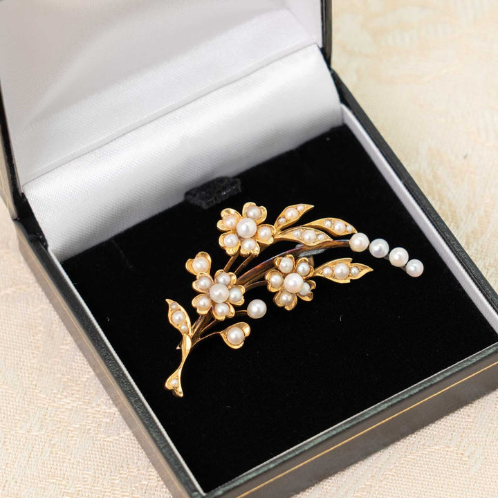 天然パールがあしらわれた花や葉が扇状に広がる華やかな逸品 ヴィクトリアン アンティークスプレーブローチ[m]