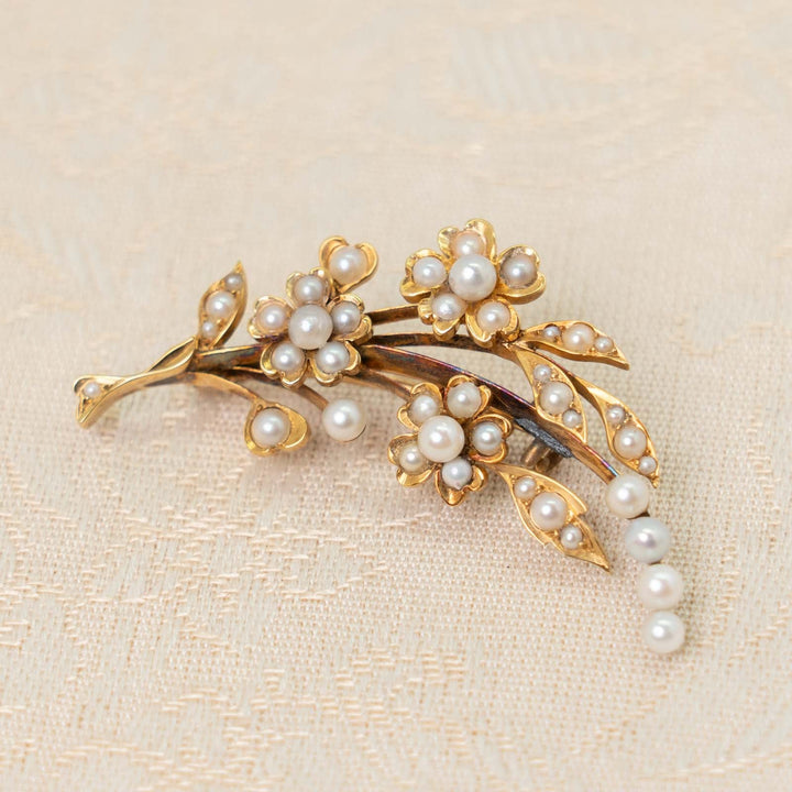 天然パールがあしらわれた花や葉が扇状に広がる華やかな逸品 ヴィクトリアン アンティークスプレーブローチ[m]