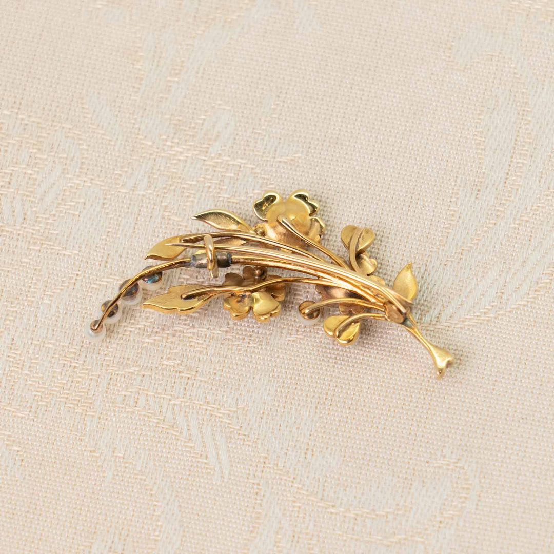 天然パールがあしらわれた花や葉が扇状に広がる華やかな逸品 ヴィクトリアン アンティークスプレーブローチ[m]