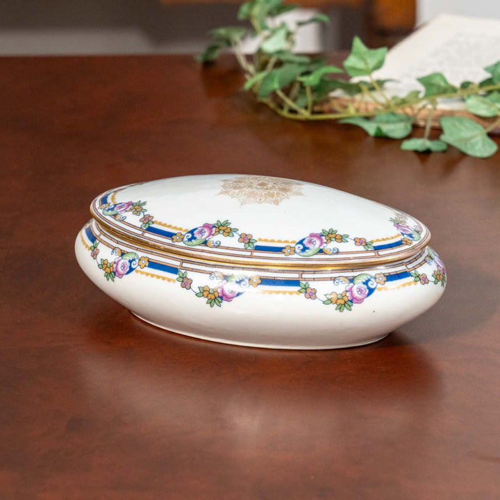 【LIMOGES リモージュ】美しい白磁に花のパターンが上品 トリンケットボックス[m]