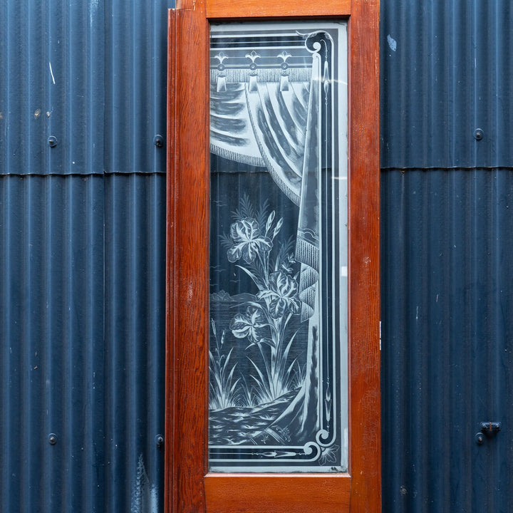 ガゼボやカーテンの模様がガラスに彫り込まれた エッチングガラス アンティークドア /23K-1