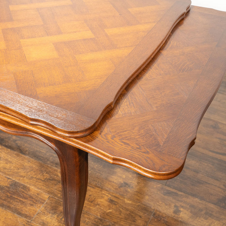 パーケトリー天板やカブリオールレッグが優美 ドローリーフ 伸長式ダイニングテーブル /23L[m]