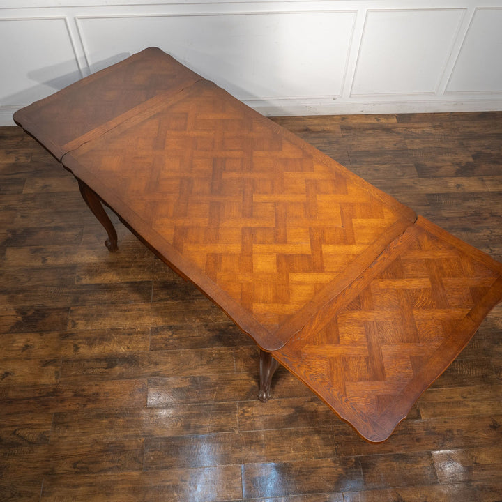 パーケトリー天板やカブリオールレッグが優美 ドローリーフ 伸長式ダイニングテーブル /23L[m]