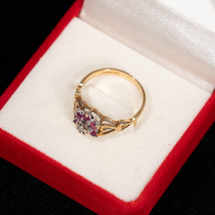 花が咲く様な華やかなデザイン ルビー クラスター アンティークリング /23K