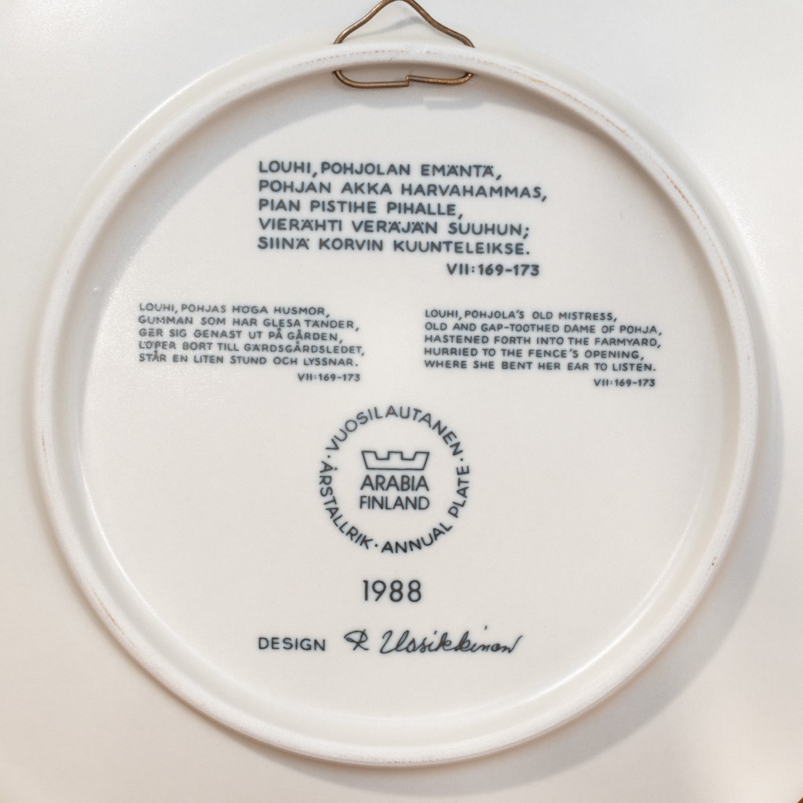 ARABIA アラビア　Kalevala カレワラ　1988年（箱付き） ARABIA アラビア Kalevala カレワラ】イヤープレート 希少な1988