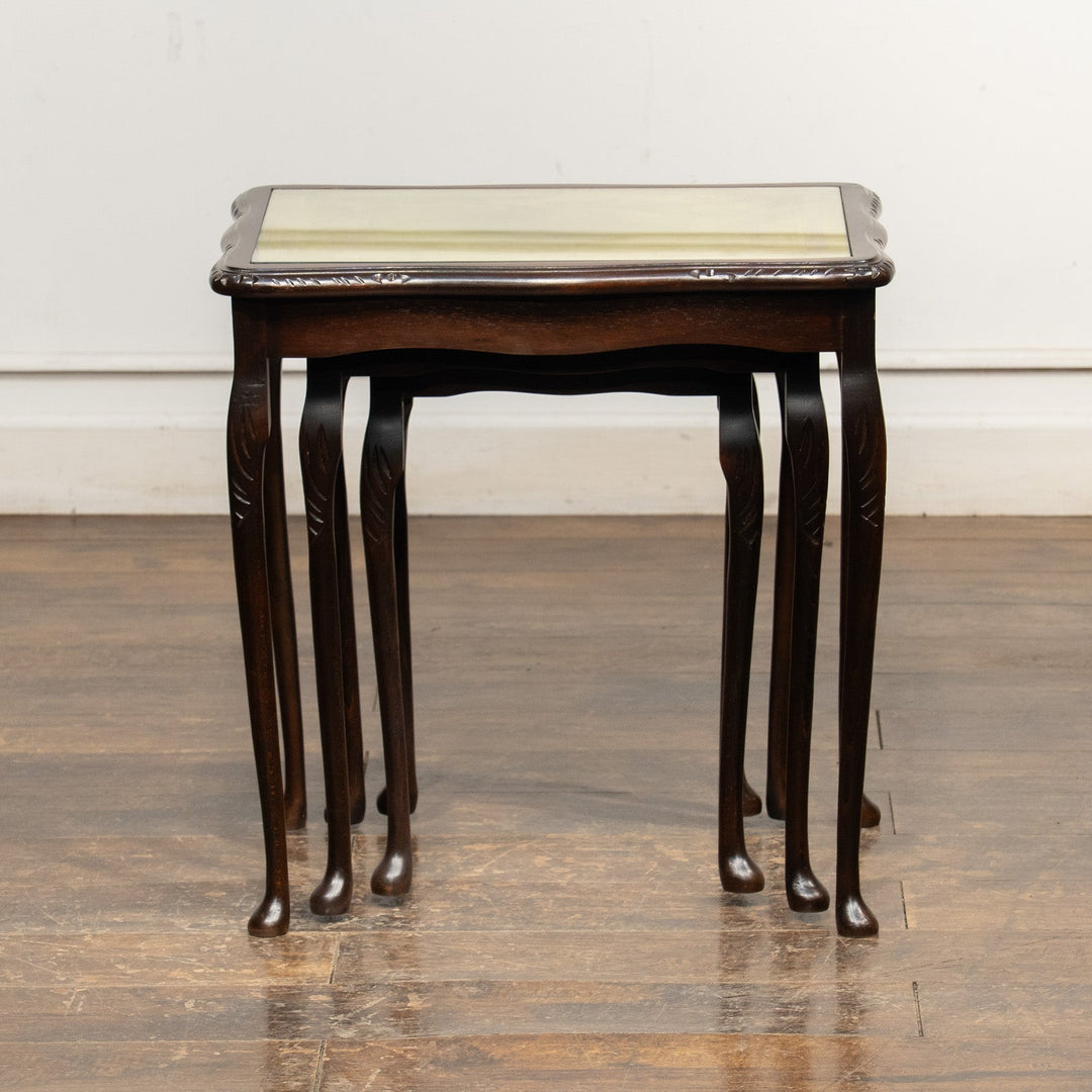 セージグリーンレザー ガラス天板 3段 ネストテーブル /25G