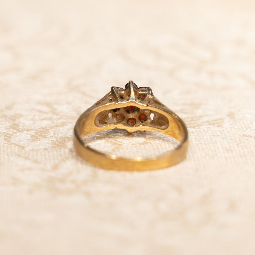 モダンデザインの柘榴石の花が咲く クラスター ガーネット アンティークリング /25G