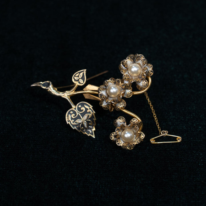 可憐な小花にパールがあしらわれた フラワーモチーフ アンティークブローチ /25G