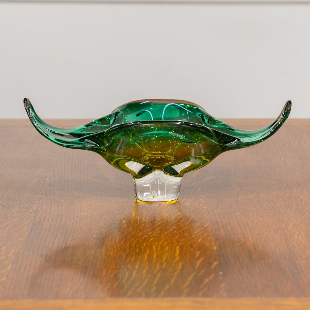 グリーンとアンバーが混ざり合った色合いが美しい アートガラスボウル /25G