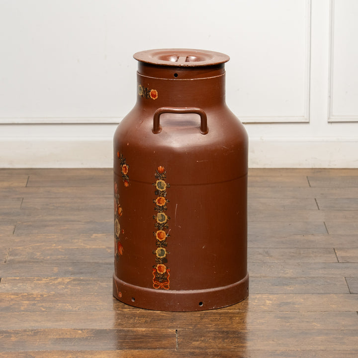 色鮮やかな花々が手描きされた ペイント 蓋付きミルクジャー ブラウン /25L