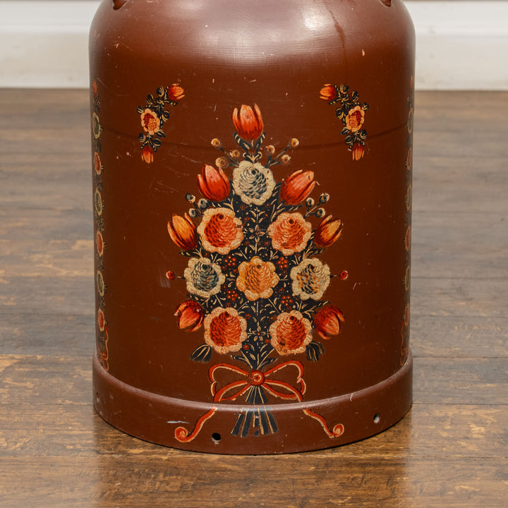 色鮮やかな花々が手描きされた ペイント 蓋付きミルクジャー ブラウン /25L