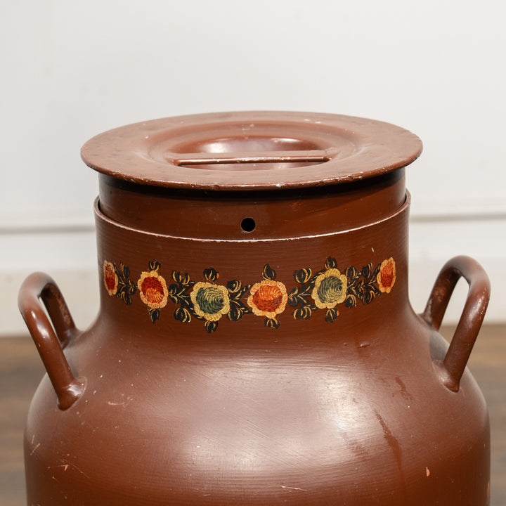 色鮮やかな花々が手描きされた ペイント 蓋付きミルクジャー ブラウン /25L