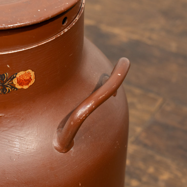 色鮮やかな花々が手描きされた ペイント 蓋付きミルクジャー ブラウン /25L