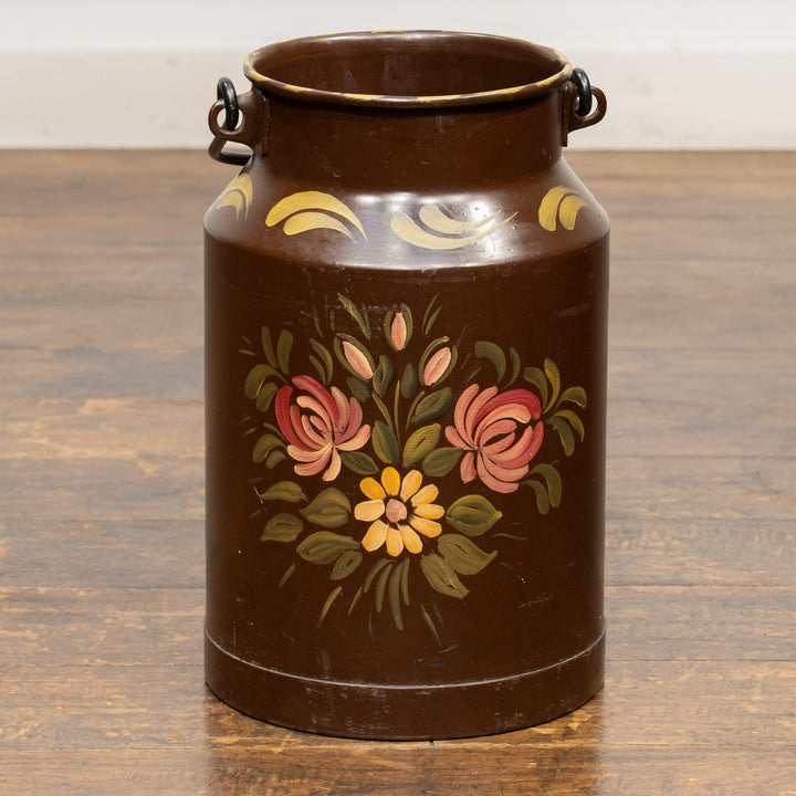 色鮮やかな花々が手描きされた ペイント ミルクジャー ダークブラウン /25L