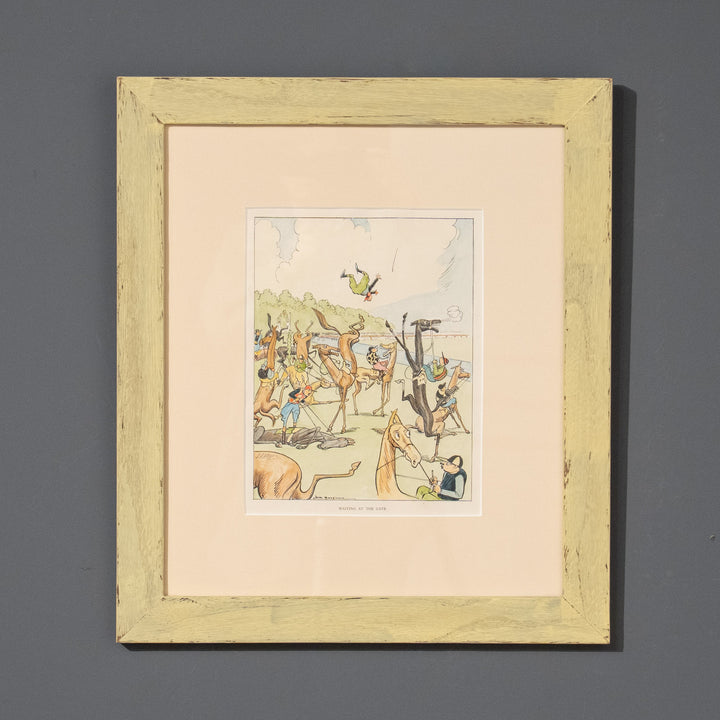 『WAITING AT THE GATE』 H.M.ベイトマン作 手彩色による木版画 競馬モチーフ コミックアートピース